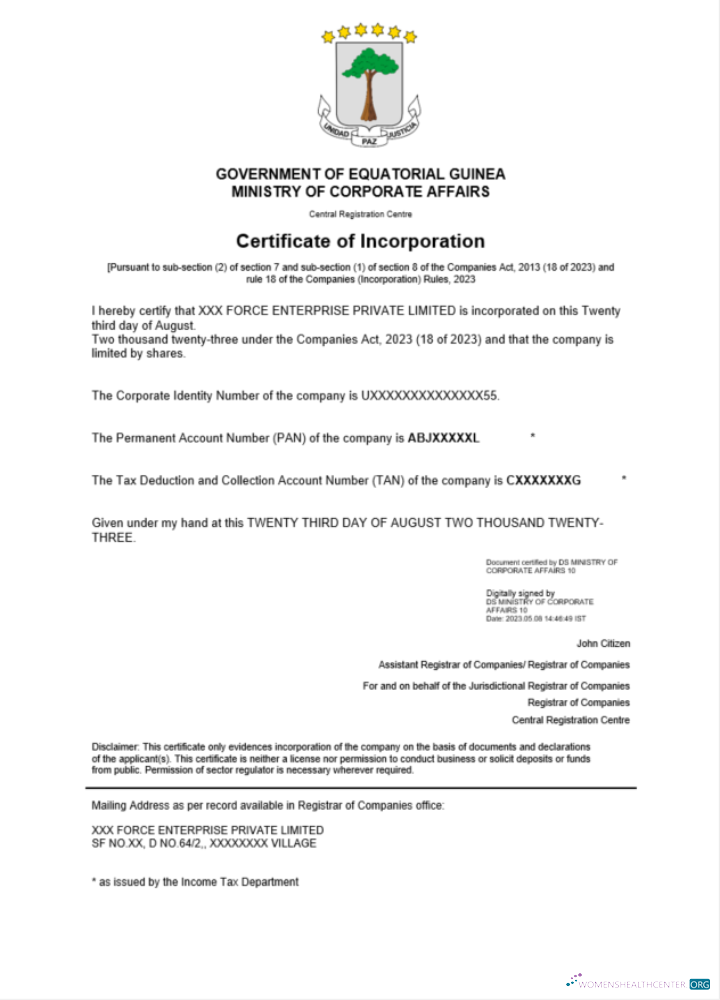 Download Equatorial Guinea certificate of registration Word and PDF template Photoshop template